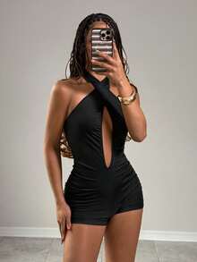 EgrlEra 性感深V领露背修身连体裤，女士迷人约会装，春夏款 - 黑色 - 查看 4