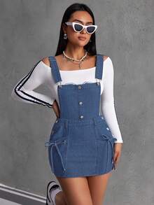 SHEIN ICON 女士纯色纽扣吊带修身牛仔连衣裙 - 藍色 - 查看 5