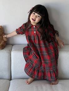 DAZY 女嬰韓式格紋長袖荷葉領舒適居家服幼兒 - 紅色 - 查看 1