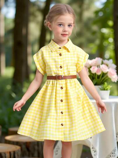 SHEIN Girls (Small) Spring/Summer New Dress, Loose Woven Drop Shoulder Fitted Yellow Plaid Collar Button Front Shirt Dress With Fashionable Belt, Suitable For Casual Daily And Vacation Wear, Young Girl Formal Dress