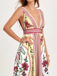 CAJUNI 女士印花深V领无袖性感连衣裙，度假款 - 黃色 - 查看 3