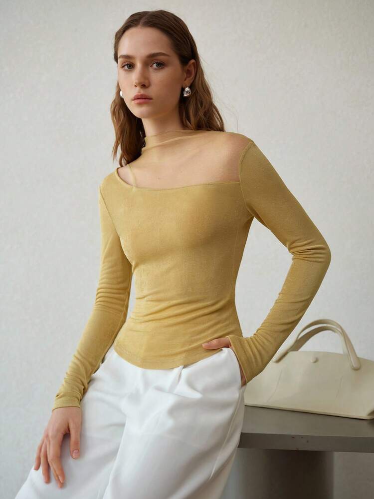 メッシュパッチワークデザイン ファッショナブル エレガント 長袖 光沢 スリムフィット レディースTシャツ