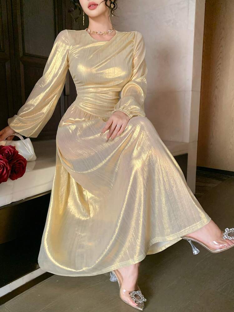 Spring/Summer Gold Satin Satin Formal Dress, Elegant Long Gown For Valentine's Day, Wedding, Party, Prom, Cocktail, Work Sparkly Dress Sundress