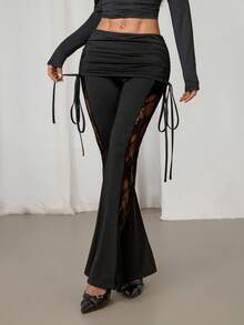 SHEIN PETITE 女士黑色蕾丝侧拼接腰部抽绳喇叭裤，性感度假风 - 黑色 - 查看 1