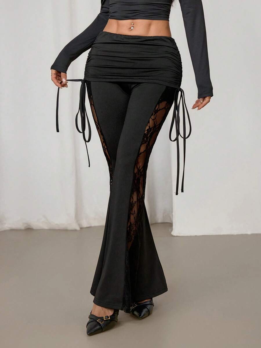 SHEIN PETITE 女士黑色蕾丝侧拼接腰部抽绳喇叭裤，性感度假风 - 黑色 - 查看 1