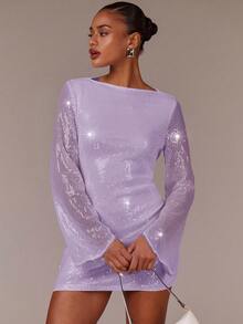 Athîral 女士纯色船领长袖亮片装饰时尚白色百搭修身迷你连衣裙，适合舞会、晚宴等场合。 - 紫色 - 查看 5