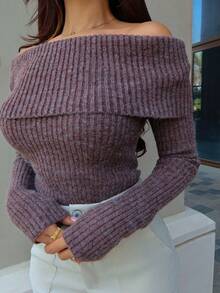 Hindelle 女士秋冬 Y2K 法兰绒露肩女式毛衣 - 棕色 - 查看 4