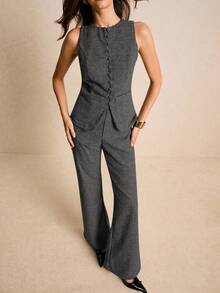 Poéselle 女士休闲、工作、通勤千鸟格印花修身背心和喇叭裤两件套，春夏秋季 - 深灰色 - 查看 5