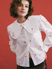 Poéselle 女士爱心印花彼得潘领长袖单排扣可爱衬衫，优雅休闲女式衬衫，情人节礼物，女士外出上衣，春夏款 - 白色 - 查看 2
