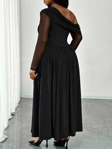 Truni Plus Size Women's Elegant Black Mesh Sheer Shoulder Dress,Autumn Formal Evening Night Out Club Dress For Pear & Triangle Curve - Black - View 2