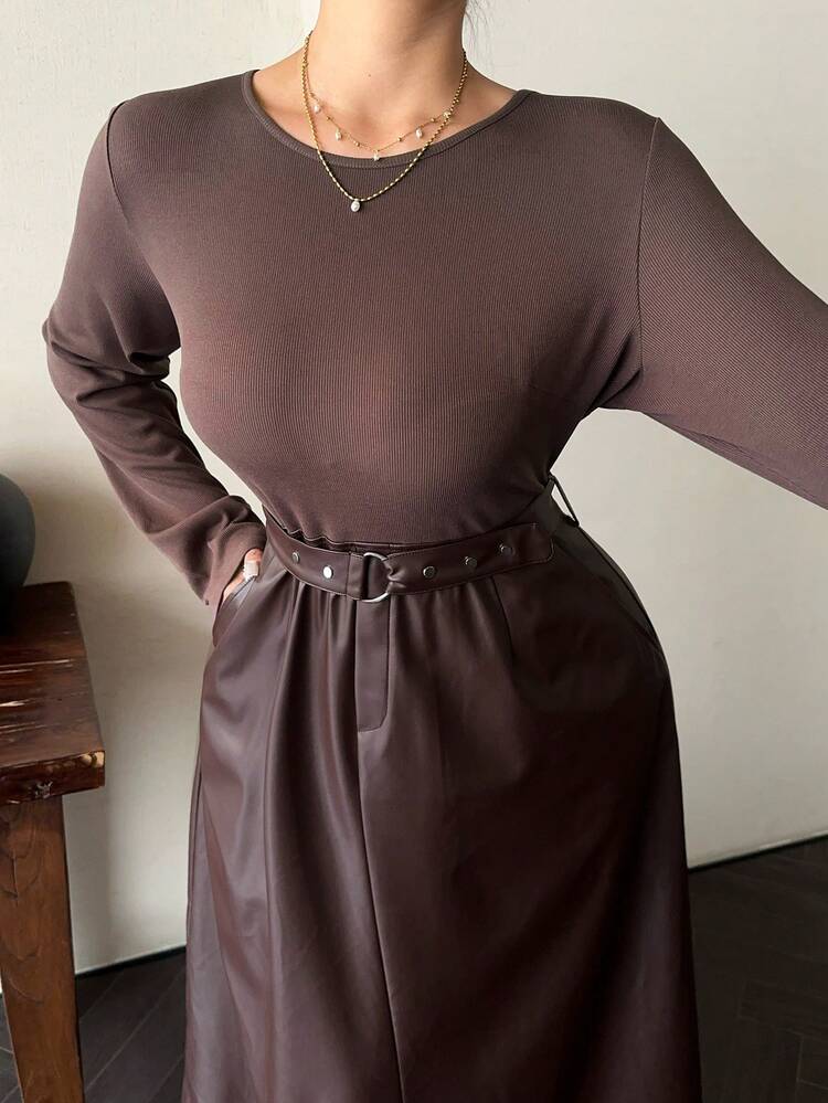 Dazy Plus Plus Size Women Elegant Patchwork PU Cinched Waist Waist Slim Fit Long Dress, Suitable For Commuting, Spring/Autumn Maxi Dress Sundress