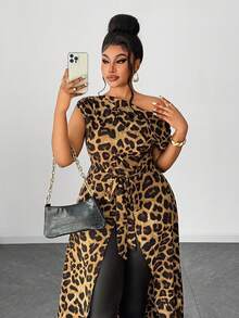 Maweii 大码女士无袖不对称下摆系带性感衬衫，优雅职业装 - 彩色 - 查看 4