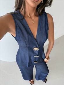 Aloruh 女士纯蓝色仿牛仔V领单排扣金属纽扣无袖背心和直筒阔腿裤两件套 - 藏蓝色 - 查看 7