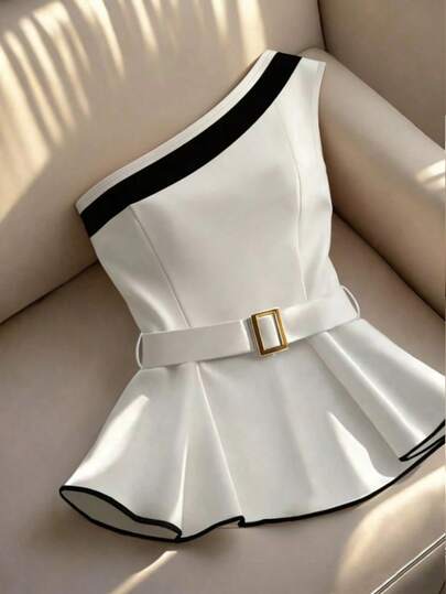 GlowEve Women's Standard Size Oblique Shoulder Waist Belt Decor Peplum Hem Elegant Blouse