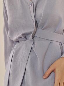 Dazy-Less 春夏优雅扭领交叉衬衫和直筒裙两件套，适合休闲、工作、婚礼、通勤等场合，棕色商务休闲女装 - 紫色 - 查看 8