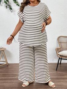 SHEIN 2pcs Maternity Plus Size Striped Round Neck Batwing Sleeve T-Shirt And Wide Leg Pants Casual Set Maternity 2 Piece Set Two Piece Set Women Plus Size Curve Two Piece Set - Apricot - View 3