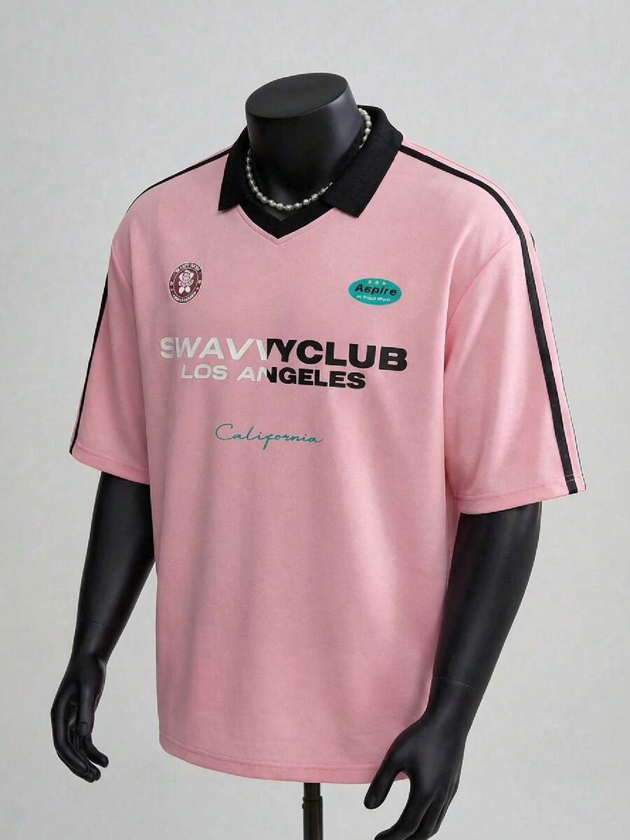 Manfinity Unisex Men's Casual Contrast Collar Short Sleeve Polo Shirt, Summer Pink Jersey Men Pink Jerseys Mens Pink Top Pro Club Shirt Pink Polo Shirt Men, Lover's Clothes, Valentine's Day - Pink - View 1