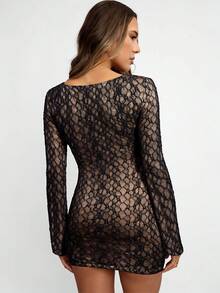 Avenya 女士优雅蕾丝腰部褶裥拼接金属装饰喇叭袖修身连衣裙，春秋季 - 黑色 - 查看 4