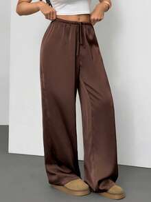 SHEIN Tall 女士低腰休闲复古缎面百搭棕色长裙 - 棕色 - 查看 9