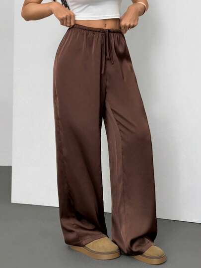 SHEIN Tall Women's Low-Waist Casual Retro Satin Versatile Brown Marl Color Long Skirt