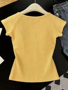 Resyla Women's Deep V-Neck Short Sleeve Fitted Knit Top, Revealing Collarbone - Yellow - View 2