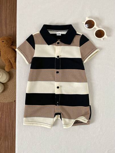 SHEIN Enterizo de punto a rayas de manga corta para bebé recién nacido niño, adecuado para fiesta de cumpleaños, fiesta de noche, evento, boda, celebración de un mes, bautizo y baby shower del primer cumpleaños, verano