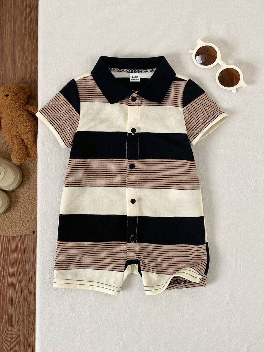SHEIN 新生男婴可爱条纹针织短袖连体衣，适合生日派对、晚会、表演、婚礼、一个月庆祝活动、洗礼和 1 岁生日婴儿洗礼，夏季 - 彩色 - 查看 1