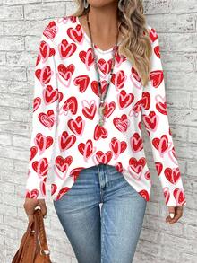 EMERY ROSE Áo thun nữ cỡ lớn tay dài cổ chữ V dáng rộng in hình trái tim ngộ nghĩnh theo phong cách graffiti - Nhiều màu - Xem 5