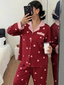 SHEIN 加大码撞色领荷叶边爱心条纹长袖睡衣套装 - 紅色 - 查看 5
