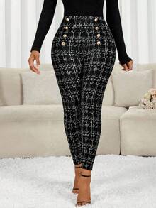 SHEIN Tall CURVE 大码女式休闲/办公通勤格子印花金色纽扣装饰修身高腰裤，适合日常生活、通勤、上学、教师、会议、外出、休闲等场合，高腰设计，春季女装，情人节，女士休闲装，黑色裤子 - 彩色 - 查看 5