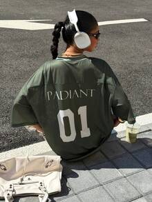 Muchica Women's Letter & Number Print Casual Street Style Short Sleeve T-Shirt, Everyday Wear Green Graphic Shirt Green Jersey - Army Green - View 2