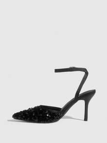 CUCCOO SZL Scarpe da donna alla moda, scarpe con tacco alto luccicanti, scarpe da donna con decorazioni in paillettes per banchetti e feste, scarpe con tacco alto in raso nero sexy per donne, scarpe con cinturino alla caviglia per abiti da sera, per appuntamenti, pomeriggi del tè, San Valentino, eleganti - nero - Visualizzare 8