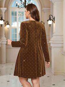 EMERY ROSE Plus Size Women Black Velvet Rhinestone  Round Neck Dress Valentine's Day/Summer/Spring/Vacation - Brown - View 2