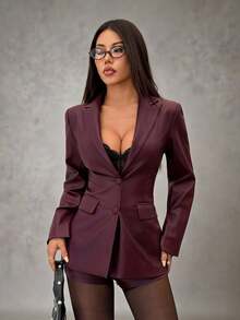 SHEIN PETITE 女士复古酒红色束腰PU皮夹克，适合办公室、万圣节、感恩节、圣诞节、约会、通勤、情人节等场合穿着。酒红色PU皮夹克+PU皮裤，休闲优雅百搭的办公室女装裙装套装，女士西装外套连衣裙 - 酒紅色 - 查看 4