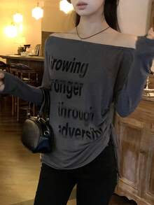 DAZY Camiseta de manga larga con estampado de letras en inglés al estilo coreano con hombros descubiertos para mujer, primavera/verano - Gris - Ver 6