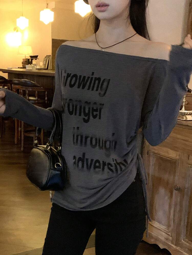 Women's Off-Shoulder Korean Style English Letter Print Long Sleeve T-Shirt, Spring/Summer