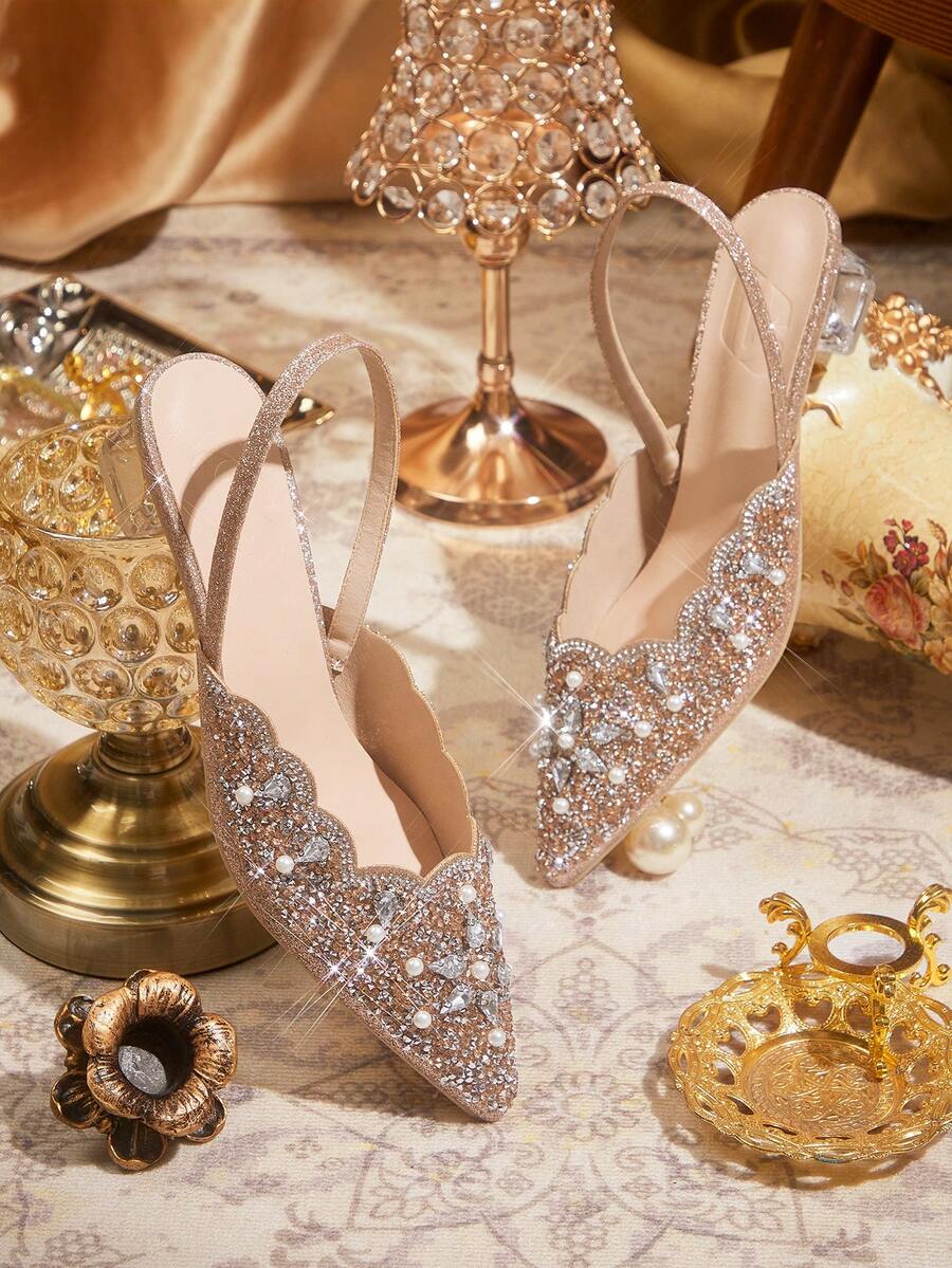 CUCCOO TILAWA Women's Fashionable & Elegant Crystal Heel, Rhinestone Pointed Toe Laser Cut Champagne High Heel Pumps, Suitable For Banquet, Party And Other Occasions Valentine's Day - Champagne - View 1