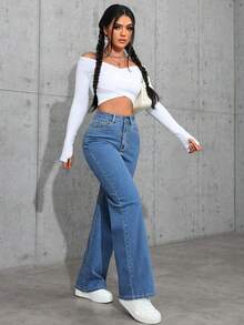 SHEIN PETITE 女士高腰口袋阔腿宽松休闲百搭牛仔裤 - 淺色水洗藍 - 查看 4