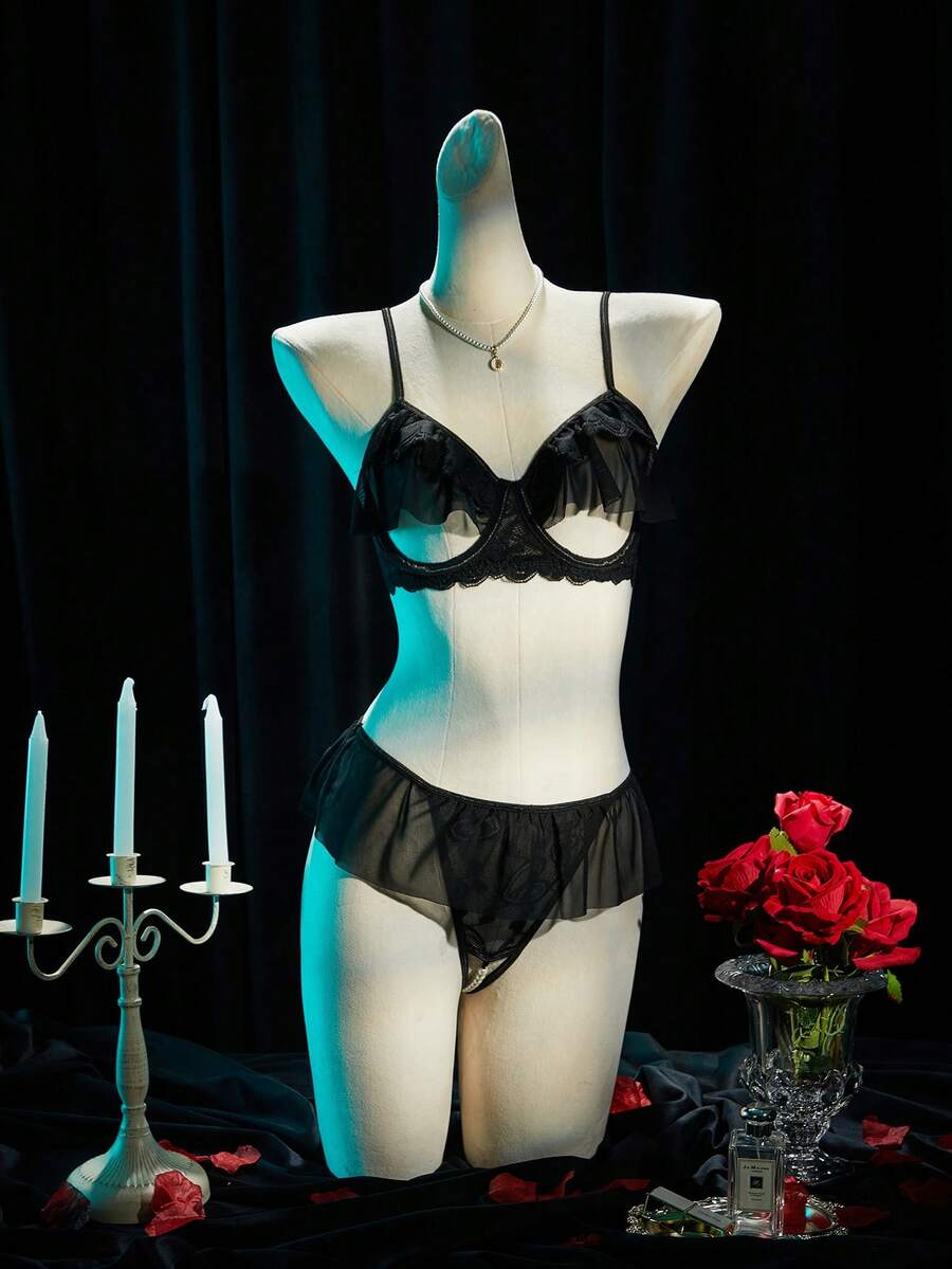 SpicyHot 2pcs Lace Contrast Mesh Underwire Hollow-Out Beaded Sexy Lingerie Set For Women