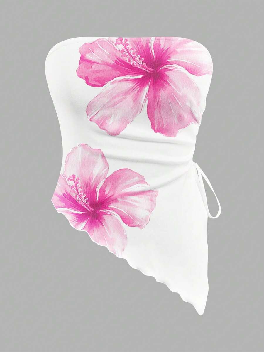 SHEIN MOD Women's Casual Floral Pattern Asymmetric Hem Tube Top - Multicolor - View 1