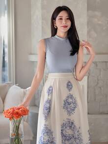DAZY Damen elegantes ärmelloses Top mit Stehkragen in Unifarbe und A-Linien Rock mit Blume Muster, 2-teiliges Set, Sommer Frühling, Kleid für Hochzeitsgäste - Blau - Übersicht 7