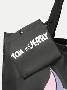 TOM & JERRY X SHEIN Fashionable Large Capacity Rainbow Cat Pattern Tote Bag - Black - View 5