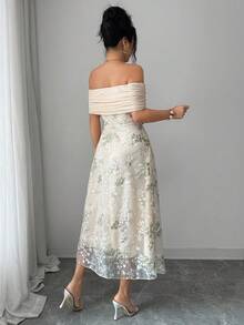 Modelyn 杏色女士网纱针织花卉刺绣露肩荷叶边优雅鸡尾酒会中长连衣裙，适合约会和正式场合 - 杏色 - 查看 3