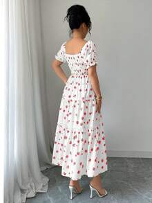 Elenzga 女式方领收腰碎花优雅短款连衣裙 - 粉色 - 查看 2