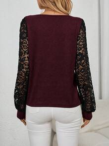 SHEIN LUNE Women's Contrast Lace V-Neck Long Sleeve Elegant Fashionable Blouse Lace Sleeve Top Blouse For Women Casual Lace Blouse For Women Latest Tops For Women - Multicolor - View 2