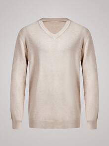 Officeau Men's V-Neck Solid Color Thick Knitted Sweater, Autumn/Winter - Apricot - View 1