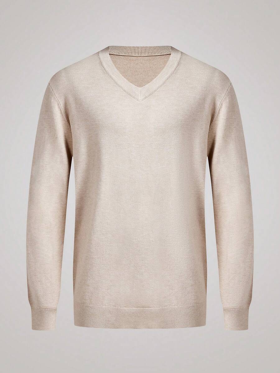 Officeau Men's V-Neck Solid Color Thick Knitted Sweater, Autumn/Winter - Apricot - View 1