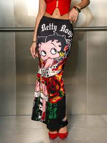 Betty Boop x SHEIN Women's Fashion Street Figure Pattern Split Hem Skirt Maxi Dress Long Dress - Black - View 3