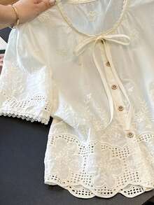 Resyla 乡村风刺绣镂空系带短袖露脐女式上衣 - 白色 - 查看 3