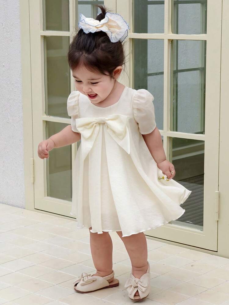 Toddler Girls' Square Neck Bow Decor Party Puff Sleeve Short Dress